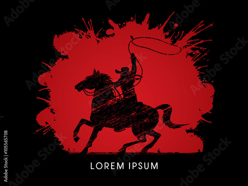 Cowboy on bucking horse running with lasso, designed using grunge brush on splash blood graphic vector.
