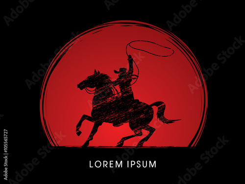 Cowboy on bucking horse running with lasso, designed on sunset graphic vector.