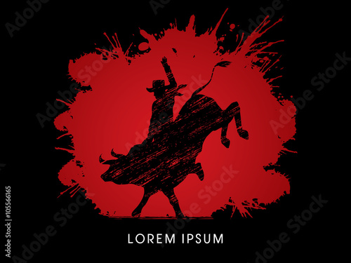 Cowboy on bucking cow jumping, design using grunge brush on splash blood background graphic vector.