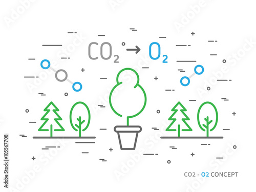 CO2 (carbon dioxide) to O2 (oxygen) colorful linear vector illustration. Natural (ecology, ecological) oxygen creative graphic concept. Natural eco oxygen process for science, chemistry, biology.