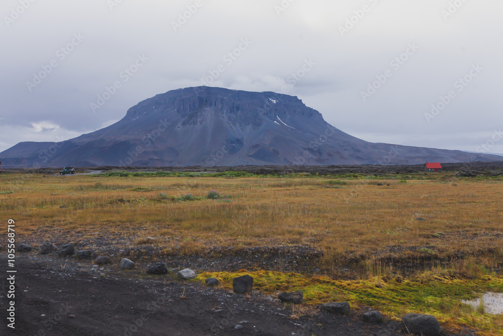 Dramatic icelandic landscape with a view on volcanic landscape on the road to volcano mountain Herdubreid