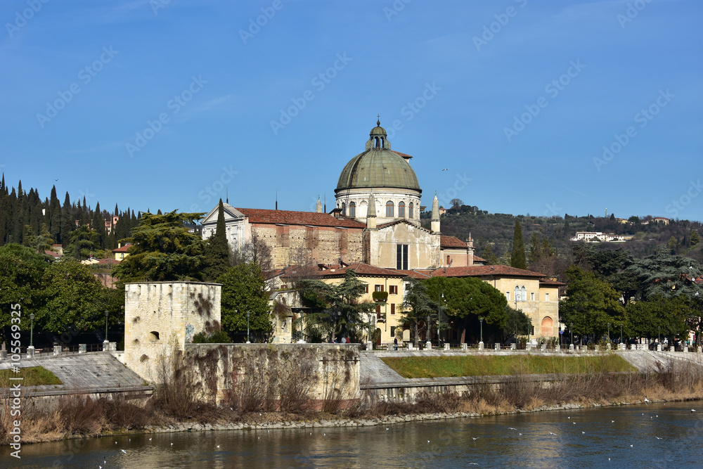 St Giorgio in Braida dome seen from Adige River, designed by renaissance architect Sanmicheli in the 16th century.