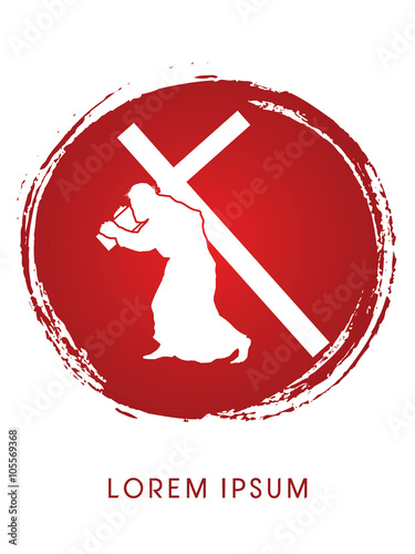 Silhouette, Jesus Christ carrying cross, on grunge circle background, graphic vector