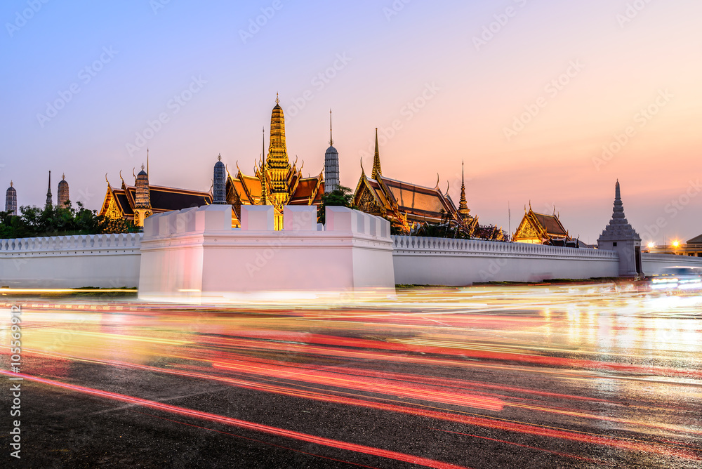 Wat Phra Kaew, Public temple at night in Bangkok, Thailand.