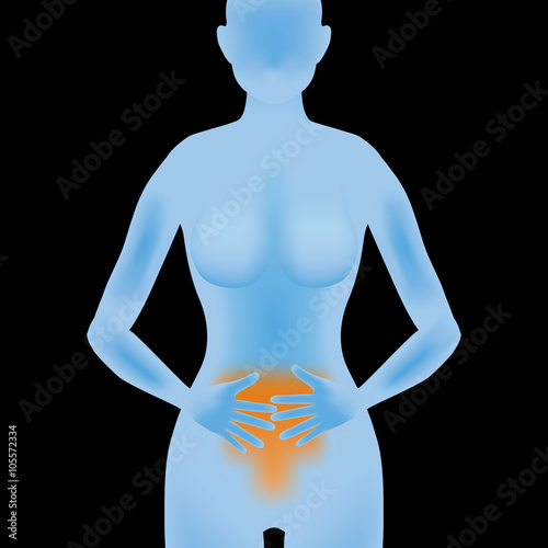 woman body silhouette who hold belly in her arms, vector illustration