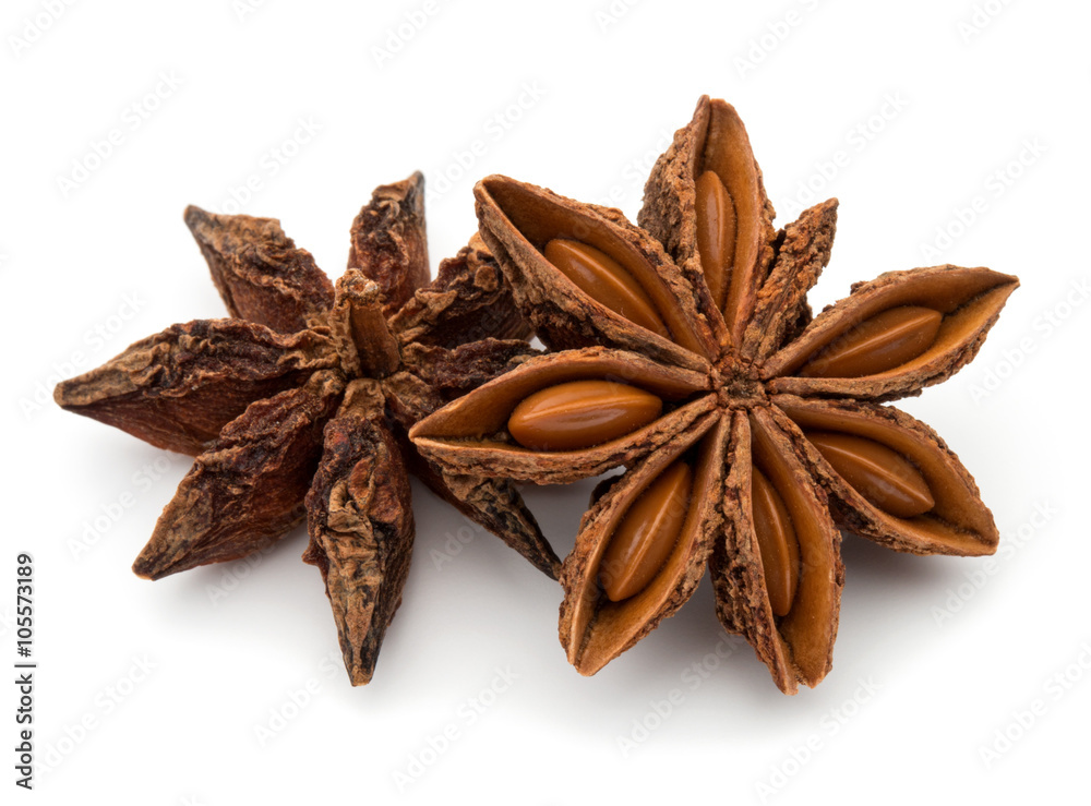 Star anise spice fruits and seeds isolated on white background c