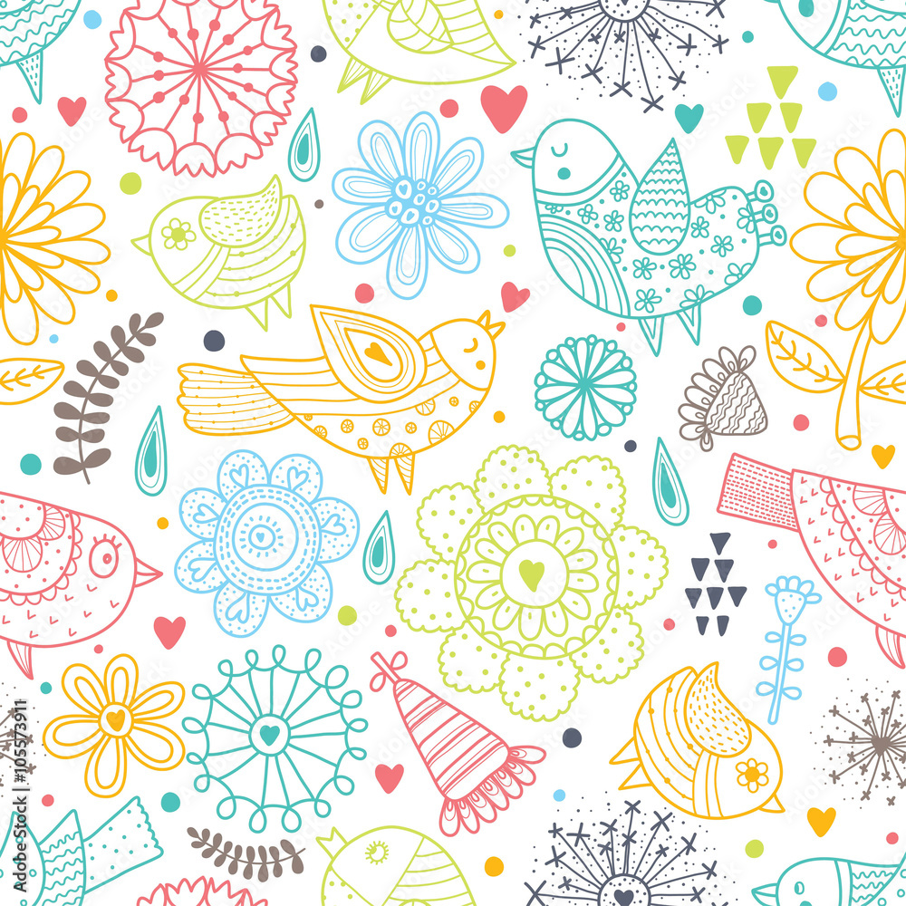 Cute vector spring seamless pattern with birds and flowers. Colorful and happy.
