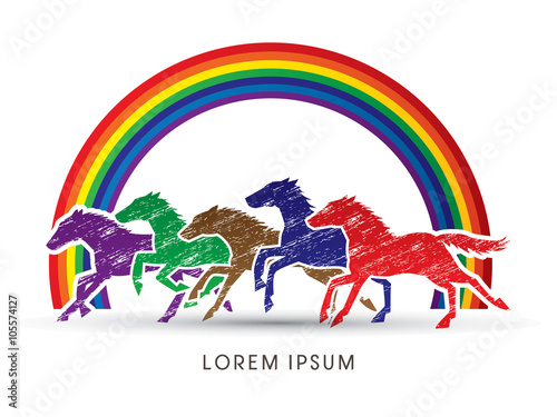 5 horses running, designed using colorful color on rainbows background graphic vector.