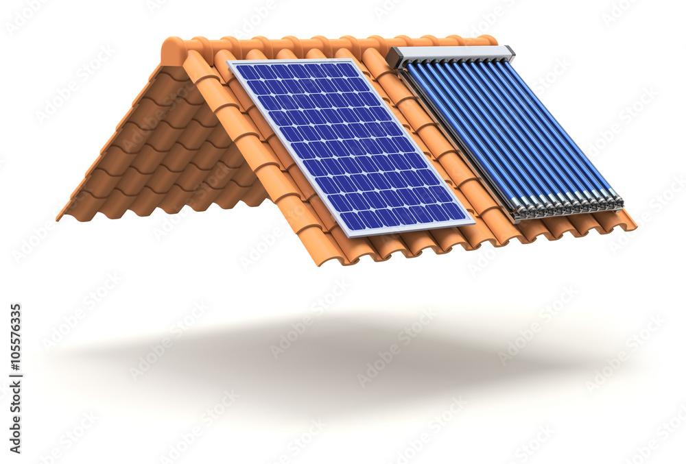 Solar panel and solar heater on the roof - obrazy, fototapety, plakaty 