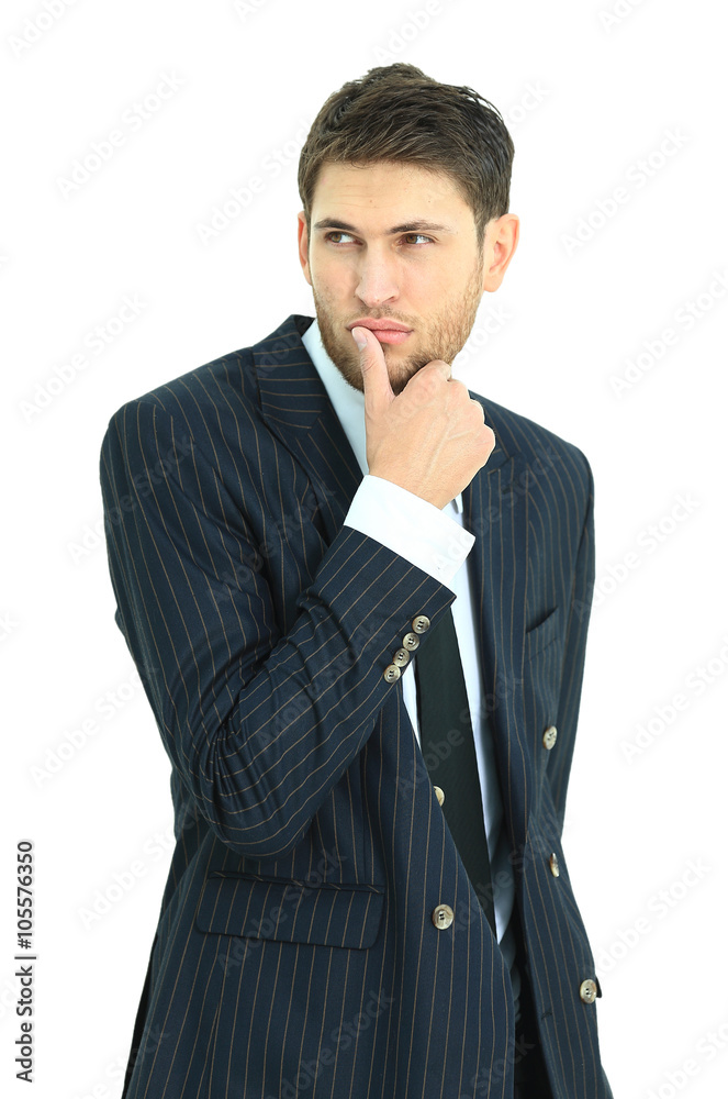 Happy businessman standing looking at camera, smiling. Isolated on white background.