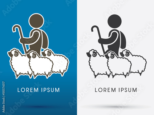 Shepherd and sheep graphic vector.

