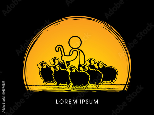 Shepherd and sheep designed on moonlight background graphic vector.
