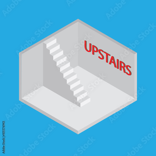 Isometric room with stairs and says "upstairs". Conceptual vector illustration.