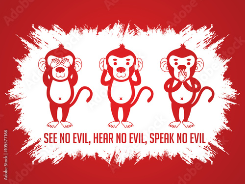 Three monkeys. SEE no evil, HEAR no evil, SPEAK no evil. Design on grunge background graphic vector.