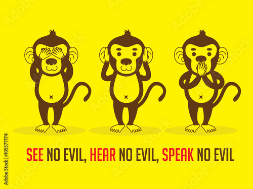 Three monkeys. SEE no evil, HEAR no evil, SPEAK no evil graphic vector.