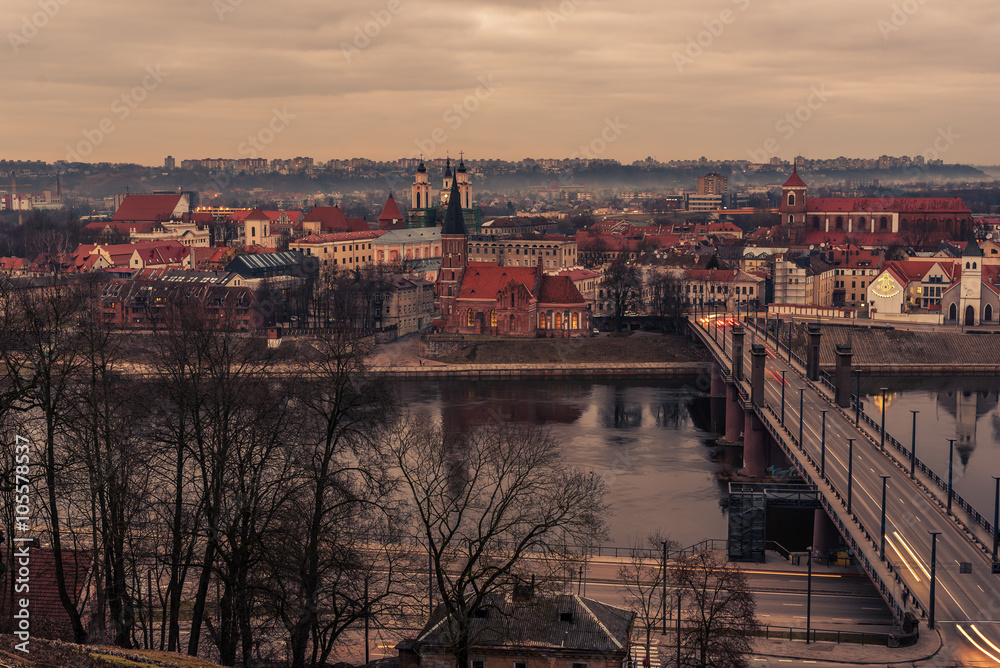 Kaunas, Lithuania: aerial view of Old Town in the sunset