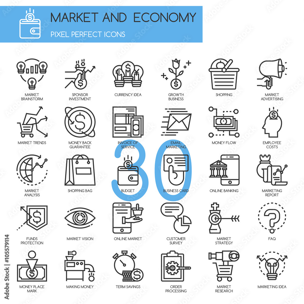 Market and Economy, thin line icons set