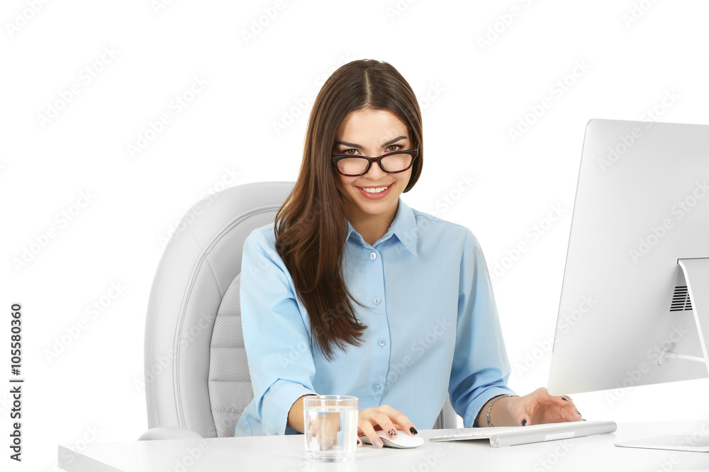 A beautiful woman working at the office, isolated on white A beautiful woman working at the office, isolated on white