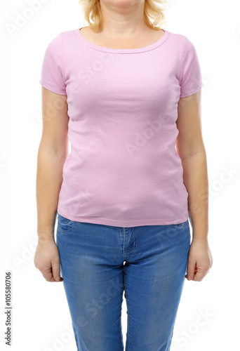 Chubby woman's body in pink tee-shirt and jeans isolated on white