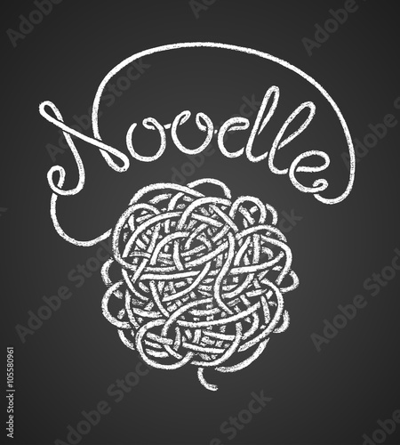 Noodle word  and spaghetti snarl drawn on chalkboard