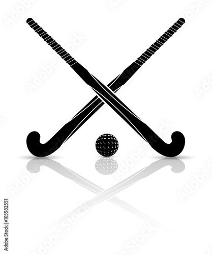 Two black silhouettes sticks for field hockey and ball on a whit