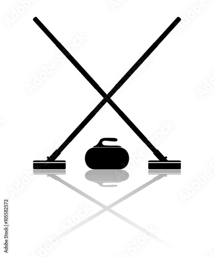Brooms and stone for curling with reflection on a white backgrou