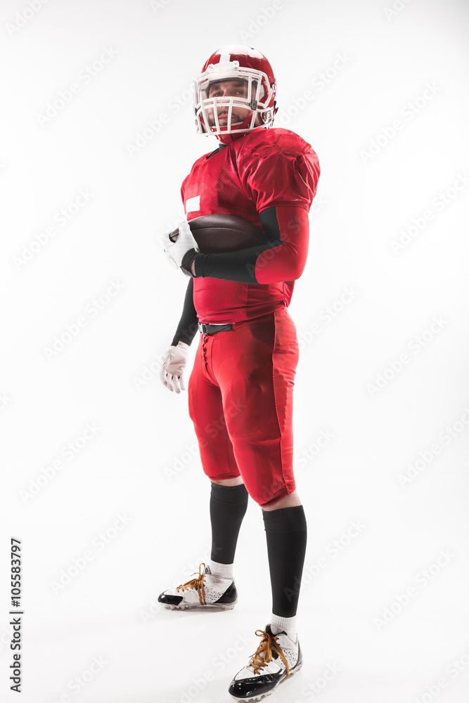 American football player posing with ball on white background American football player posing with ball on white background