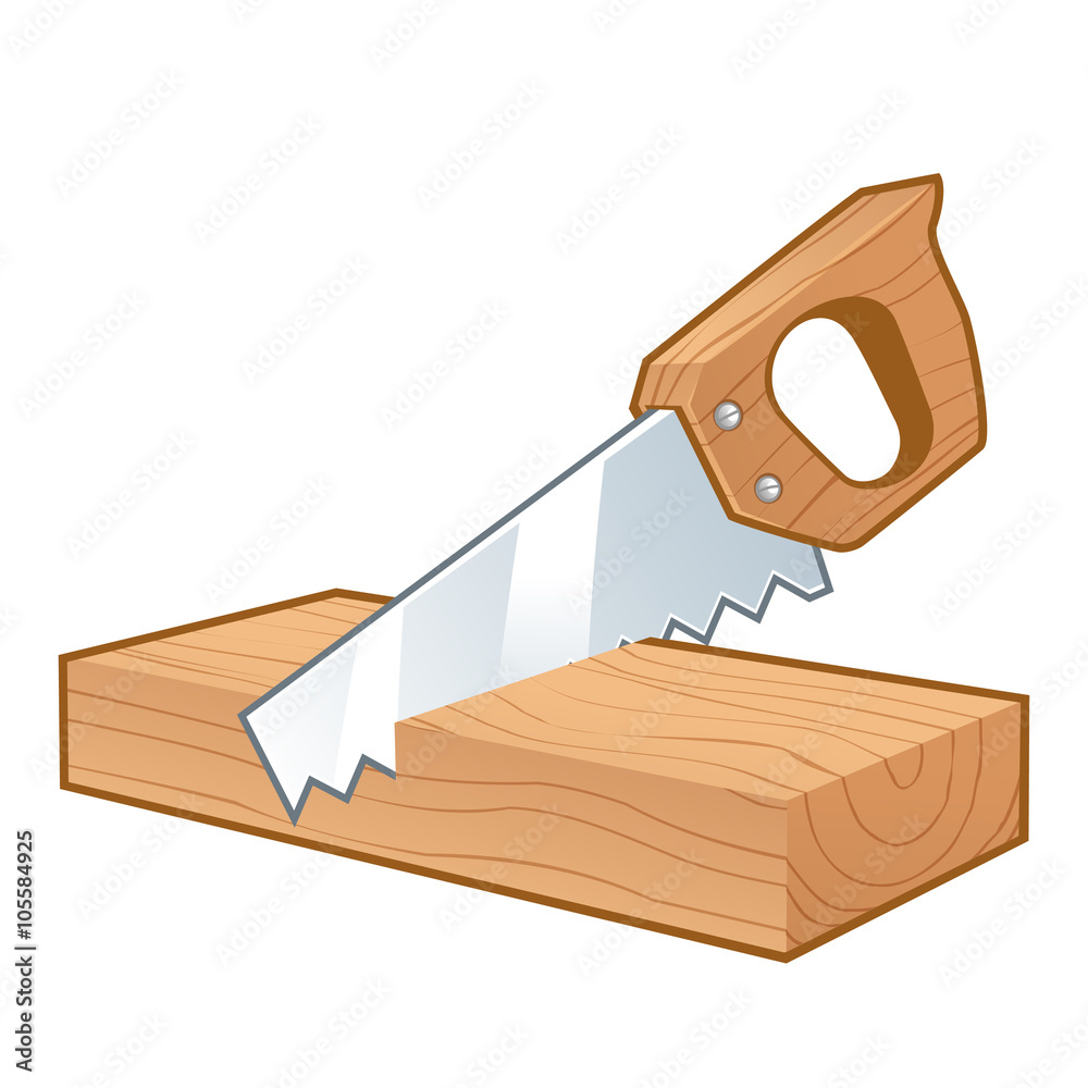 Serrucho cortando un trozo de madera Stock Vector