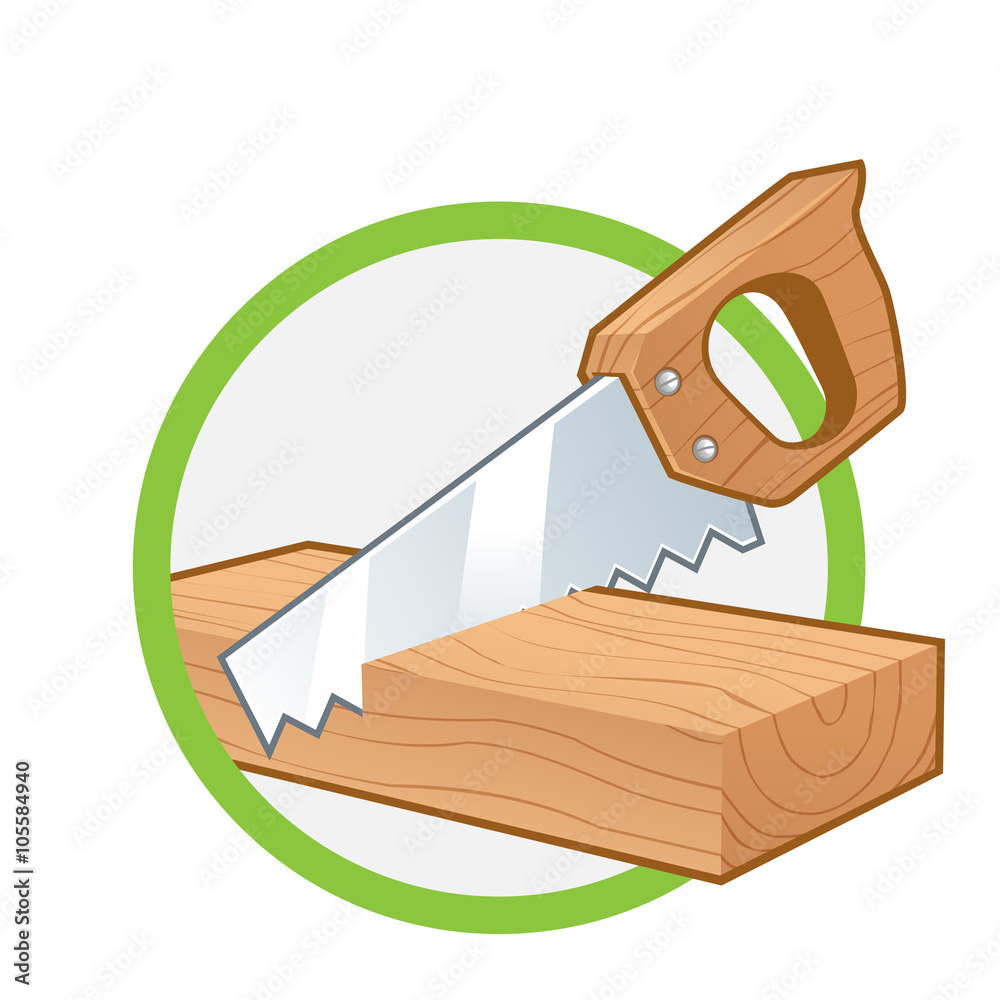 Serrucho cortando un trozo de madera vector de Stock