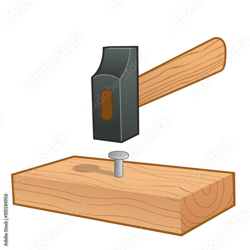 Martillo con un clavo y un trozo de madera