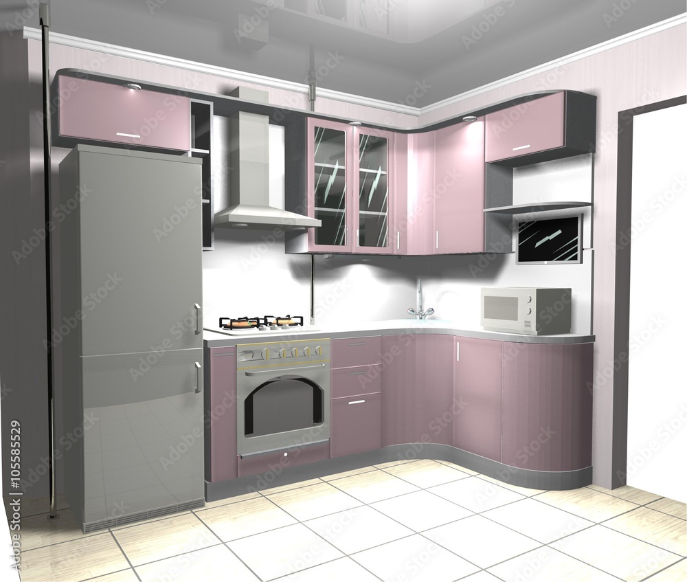 Fototapeta premium interior design pink modern kitchen 3D rendering