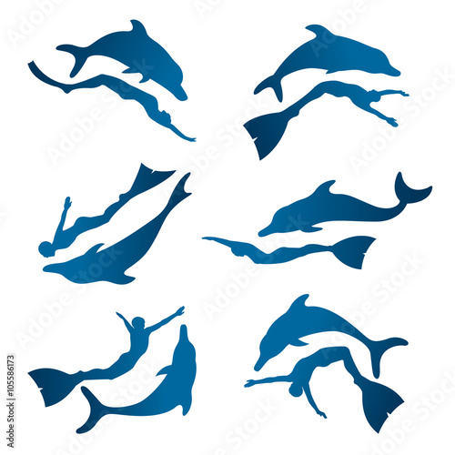 Collection of silhouette free diver and dolphin.