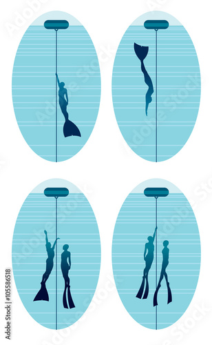 Silhouette of free divers with rope and buoy.