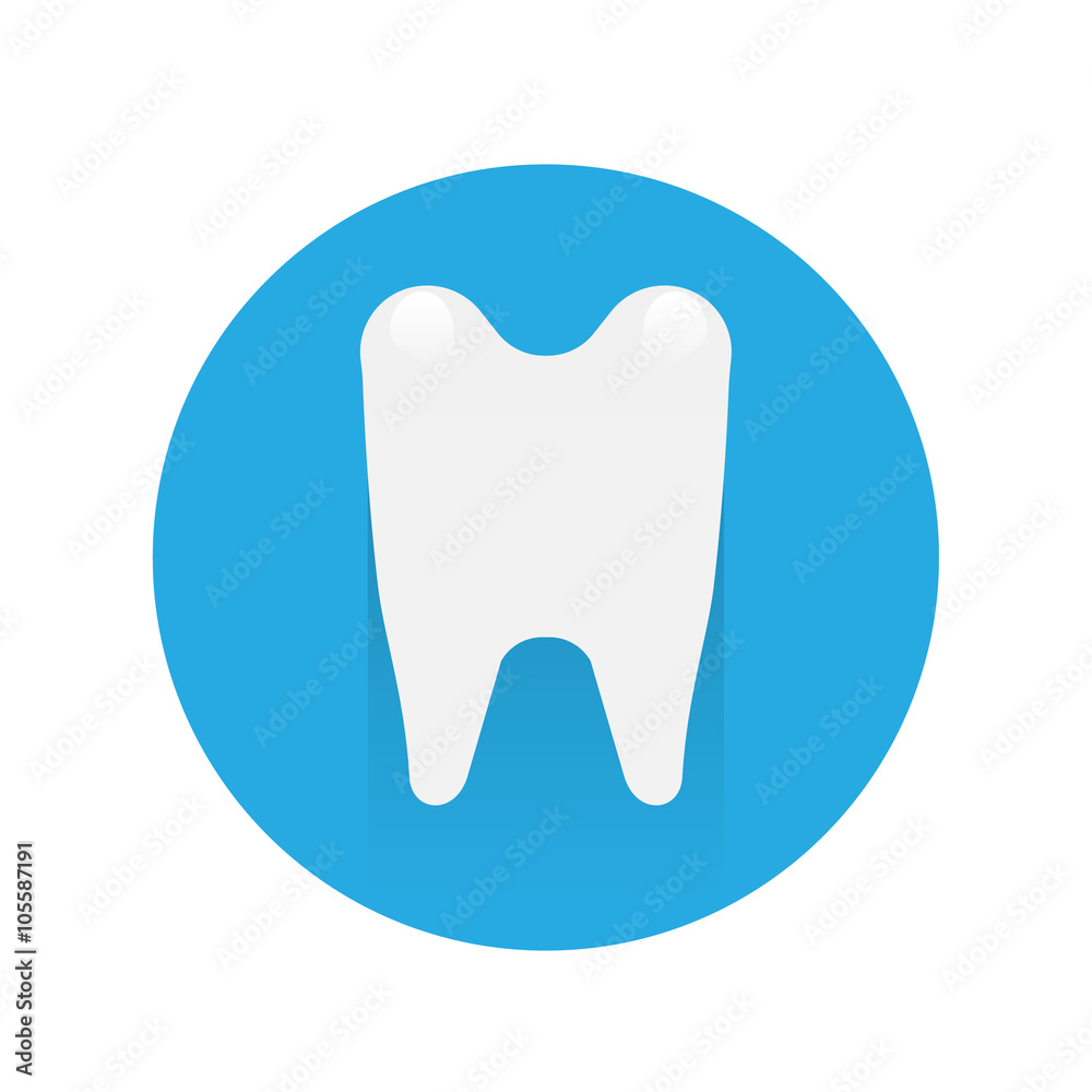 tooth silhouette, flat symbol, icon on blue background tooth silhouette, flat symbol, icon on blue background