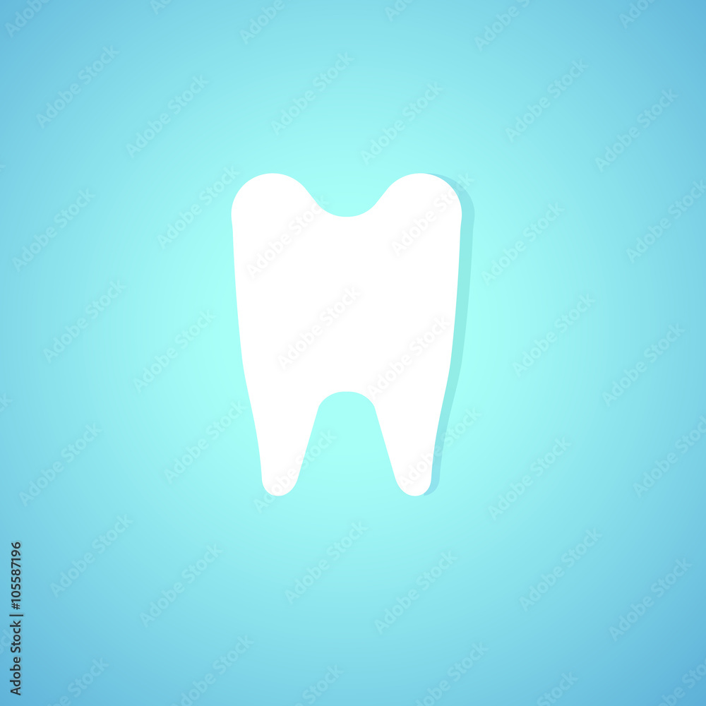 tooth silhouette, flat symbol, icon on blue background tooth silhouette, flat symbol, icon on blue background