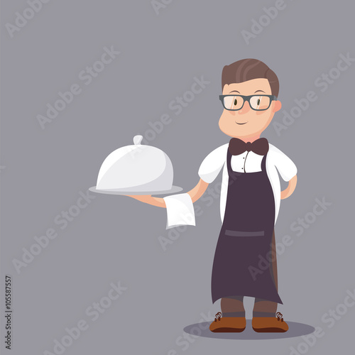 Waiter serving a meal under a silver cloche illustration. Classy waiter in a bow-tie serving a dish in a silver platter with lid. Flat style illustration.