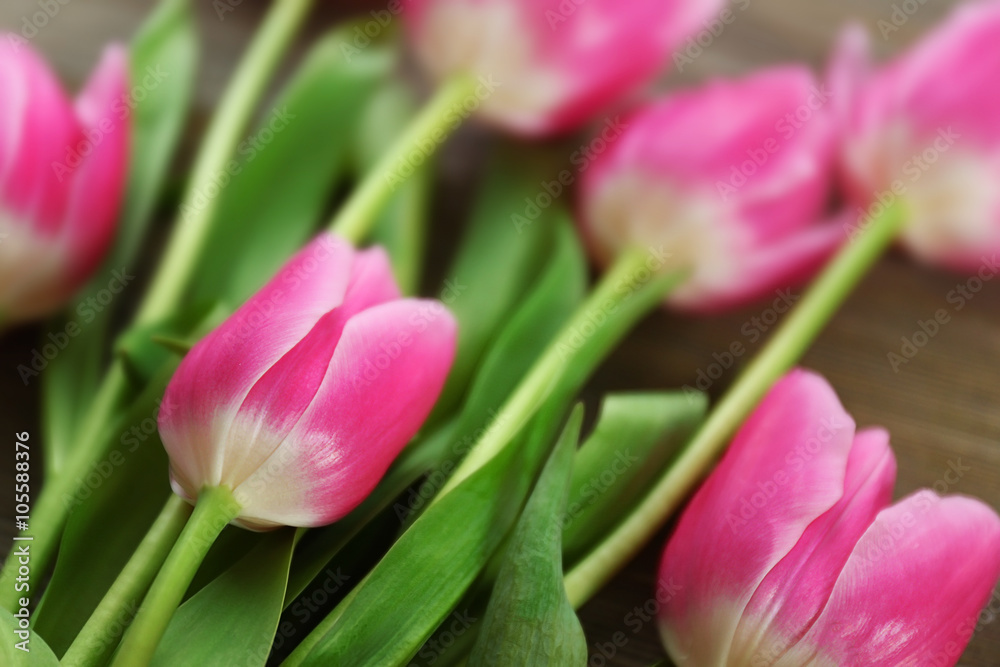 Fresh pink tulips on a wooden table, close up Fresh pink tulips on a wooden table, close up