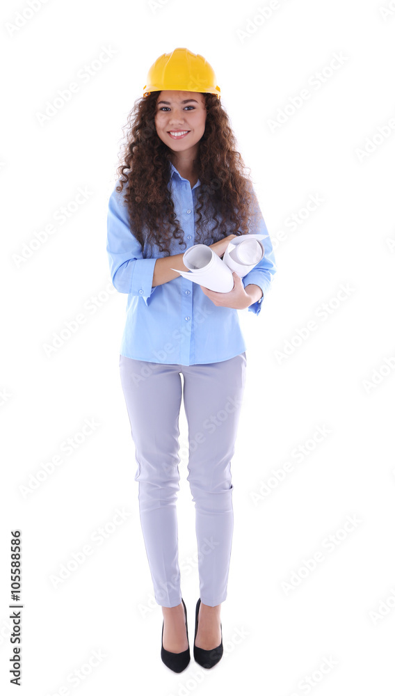 Beautiful girl with blueprints, isolated on white Beautiful girl with blueprints, isolated on white