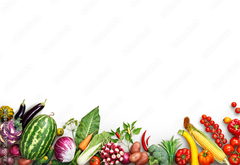 Healthy eating background. Food photography different fruits and vegetables  isolated white background. Copy space. High resolution product Stock-foto |  Adobe Stock