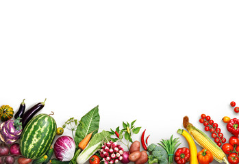 Healthy eating background. Food photography different fruits and vegetables isolated white background. Copy space. High resolution product