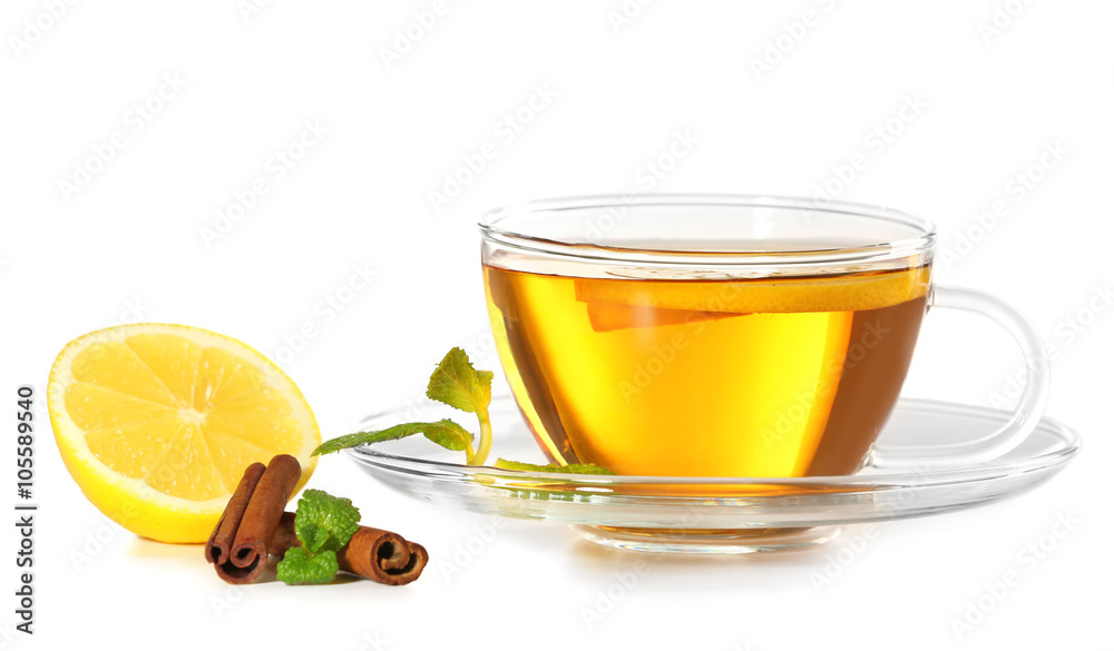 Cup of tea with cinnamon isolated on white