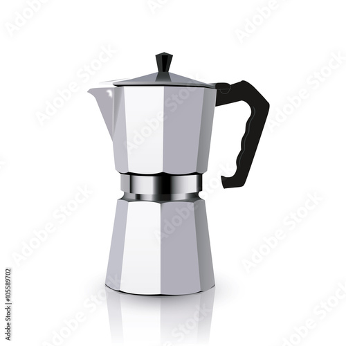 Italian metallic coffee maker isolated on white. Mocha coffee pot for making espresso coffee. Vector geyser coffee maker illustration.