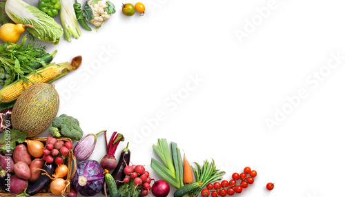 Fototapeta Naklejka Na Ścianę i Meble -  Organic food background. Food photography different fruits and vegetables isolated white background. Copy space. High resolution product