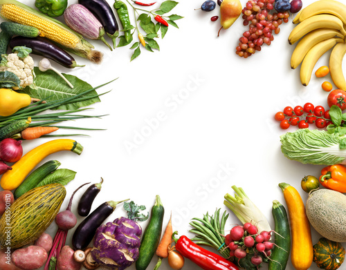 Fototapeta Naklejka Na Ścianę i Meble -  Organic food background. Food photography different fruits and vegetables isolated white background. Copy space. High resolution product