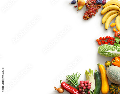 Fototapeta Naklejka Na Ścianę i Meble -  Healthy eating background. Food photography different fruits and vegetables isolated white background. Copy space. High resolution product