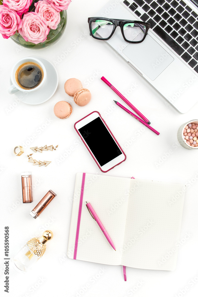 Still life of fashion woman, objects on white
