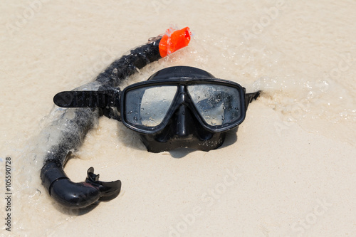 Diving mask and snorkel on the beach