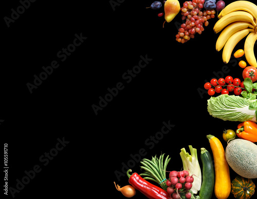 Fototapeta Naklejka Na Ścianę i Meble -  Deluxe food background. Food photography different fruits and vegetables isolated black background. Copy space. High resolution product