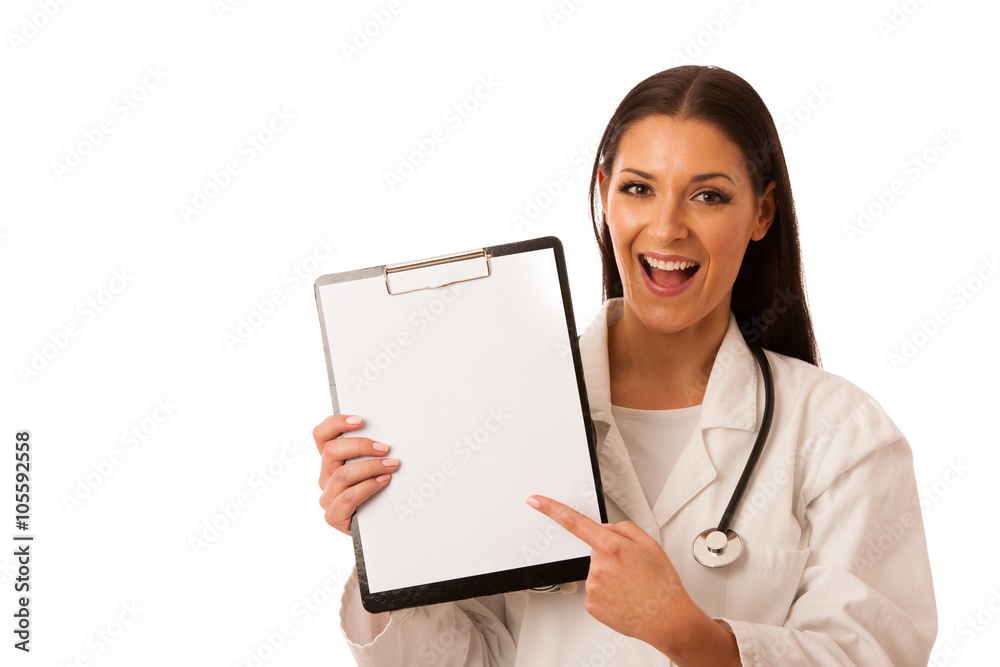 Woman doctor with stethoscope around neck showing clipboard with Woman doctor with stethoscope around neck showing clipboard with