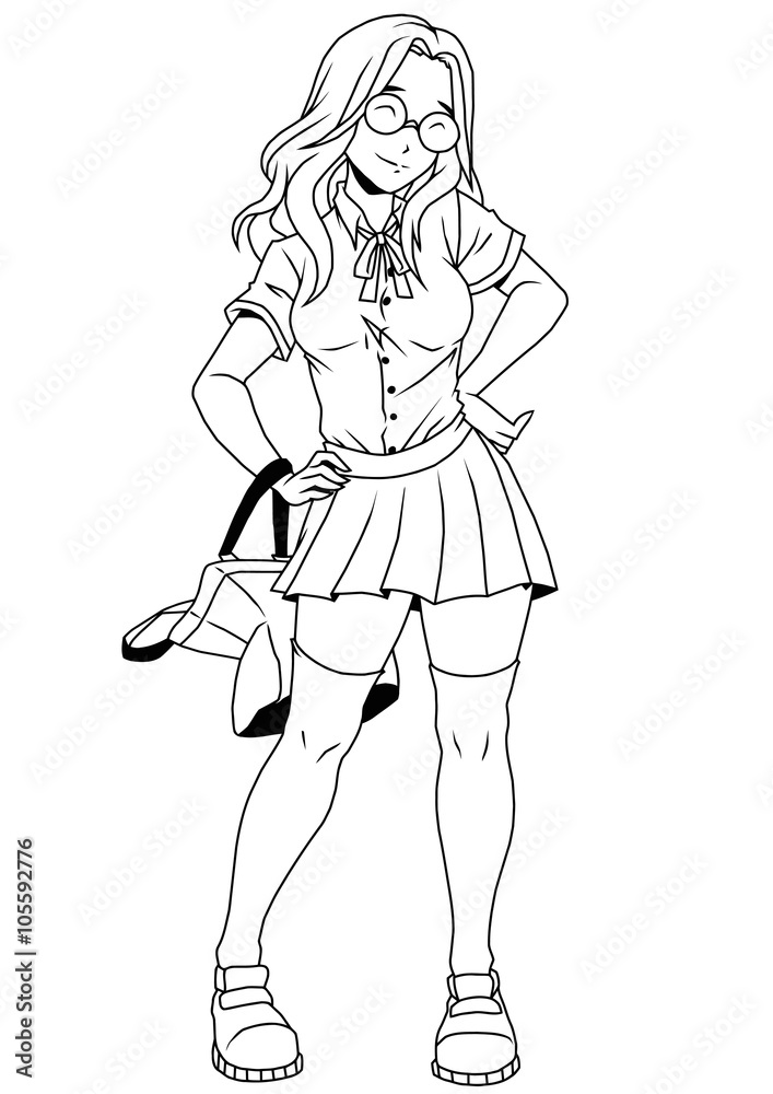 cute nerd college girl in glasses,illustration,ink,black and white,logo,outline,isolated on a white